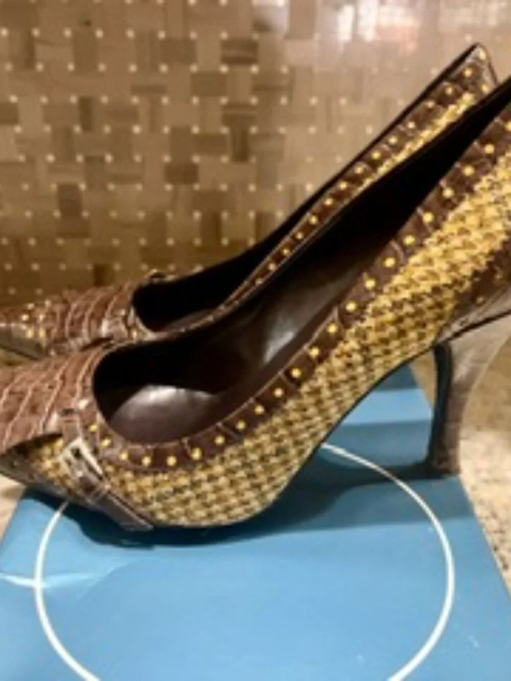 Nine West Pumps, Herringbone Fabric and Crocodile Faux Leather. Size 9M